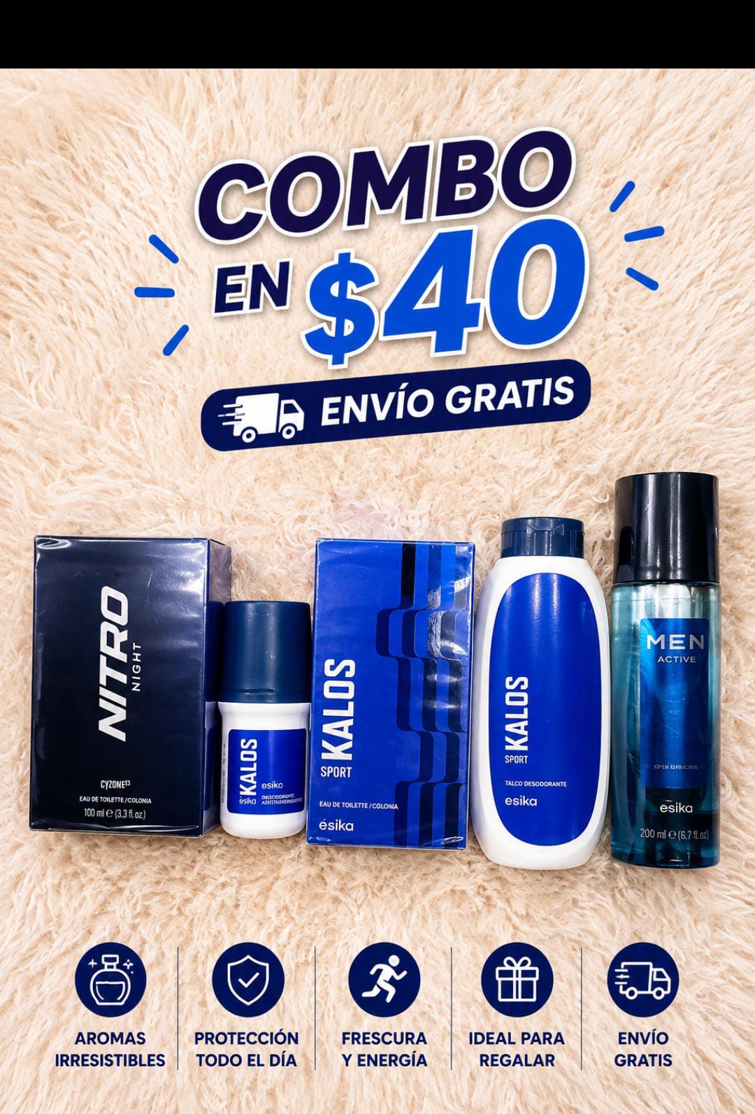 Combo de Perfumes y Cosméticos Ésika para Hombre – Nitro Night, Kalos Sport y Men Active